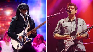 Nile Rodgers performs onstage during Together for a Better Day concert at Avicii Arena on December 03, 2025 in Stockholm AND John Mayer performs onstage for day two of the 2025 Pilgrimage Music & Cultural Festival at The Park at Harlinsdale Farm on September 28, 2025 in Franklin, Tennessee