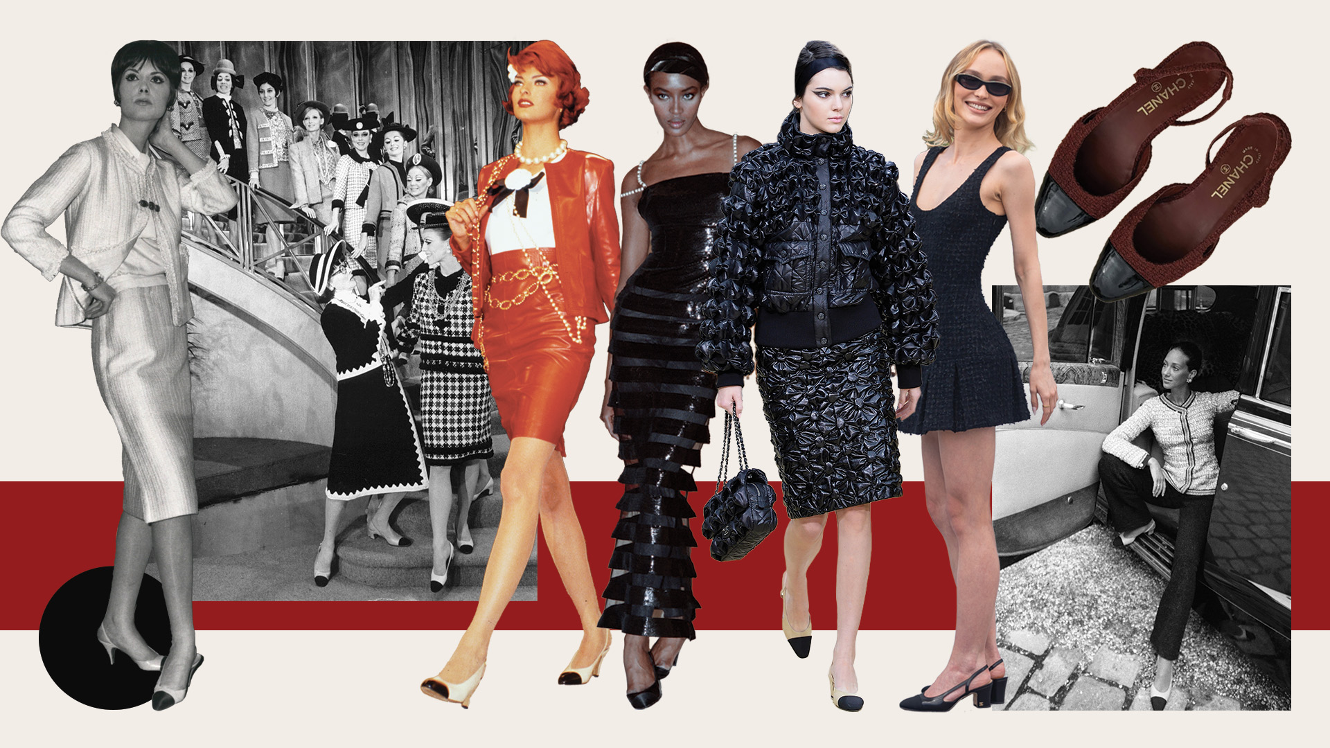 A collage showing the history of the Chanel slingbacks.