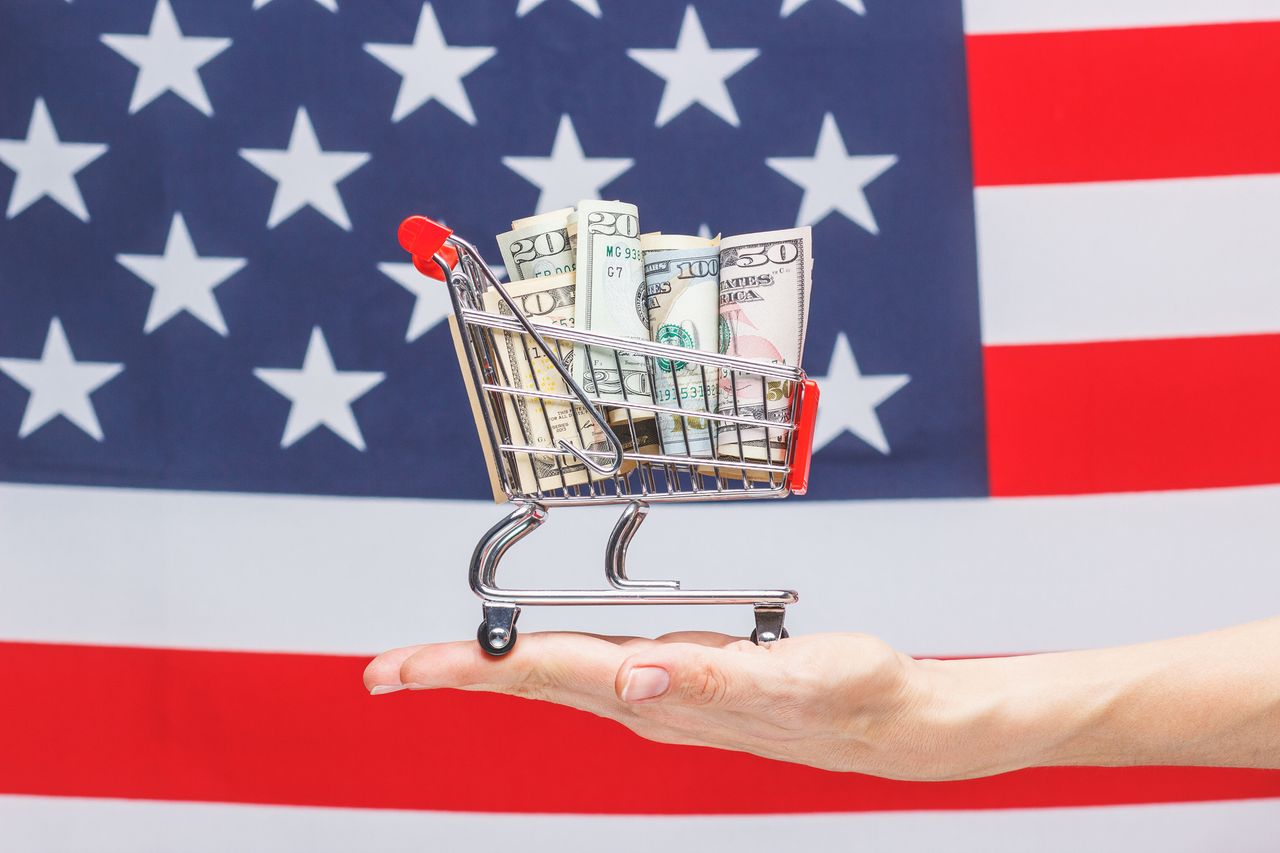 American dollars in the shopping cart on the national flag background