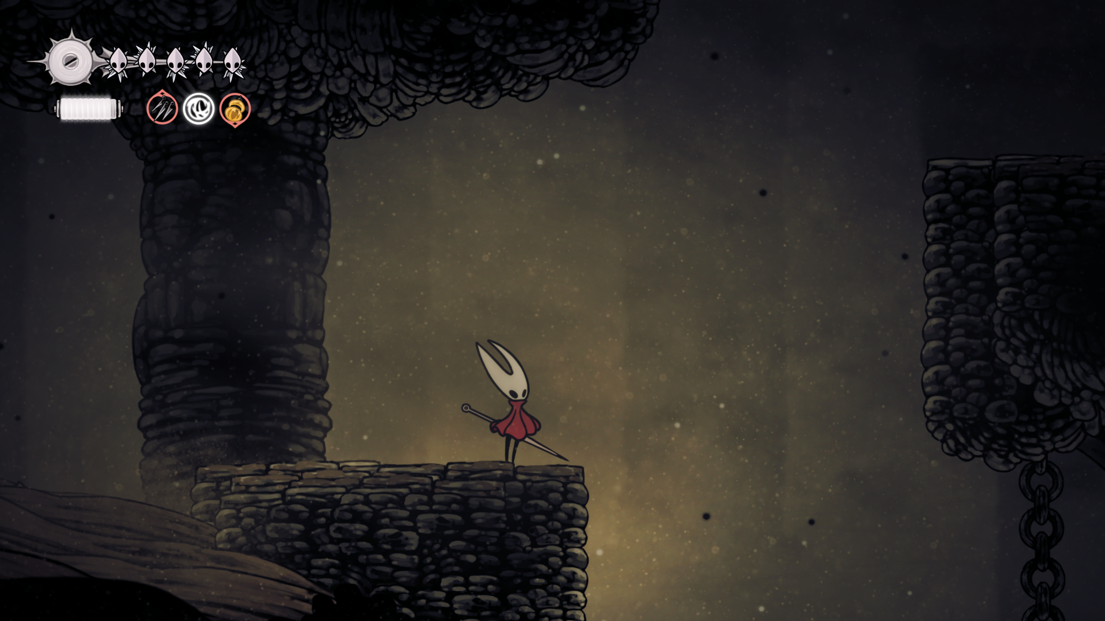 A screenshot of Hollow Knight: Silksong. Main character Hornet stands on the edge of a stone platform during a storm.