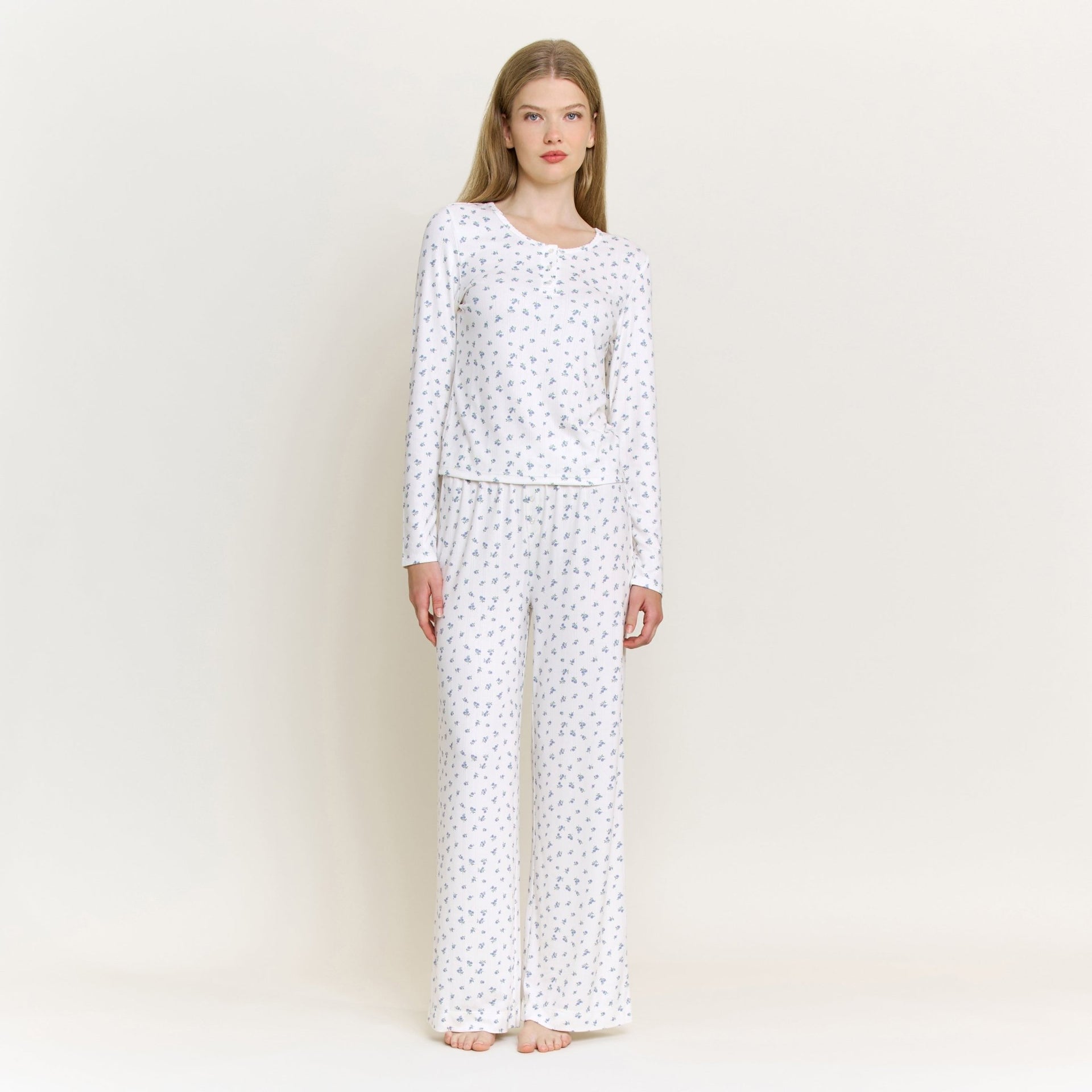 Blissful Long Henley Set in Ivory Ditsy