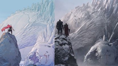 Thor comic art and movie still side by side