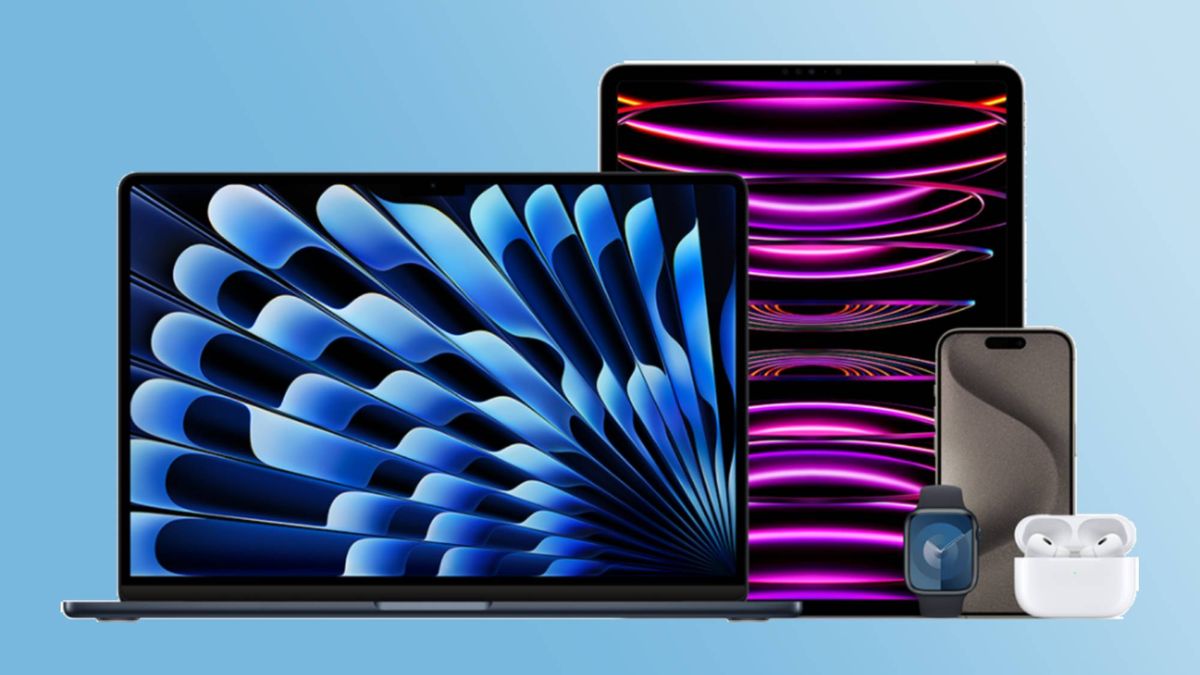 Presidents Day Apple deals, MacBook, iPad Pro, iPhone 15, Apple Watch series 9, AirPods Pro against blue gradient background