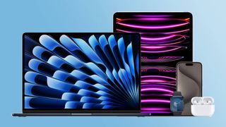 Presidents Day Apple deals, MacBook, iPad Pro, iPhone 15, Apple Watch series 9, AirPods Pro against blue gradient background