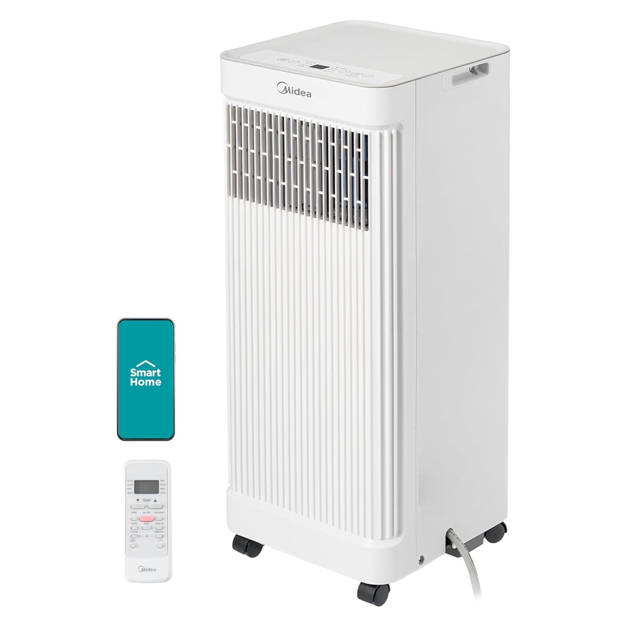 Midea, 10,000 BTU ASHRAE Portable Air Conditioner against white background.