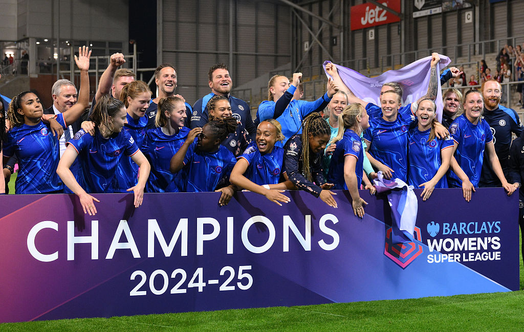 Players of Chelsea celebrate victory and winning the Barclays WSL title following the Barclays Women's Super League match between Manchester United FC and Chelsea FC at Leigh Sports Village on April 30, 2025 in Leigh, England.