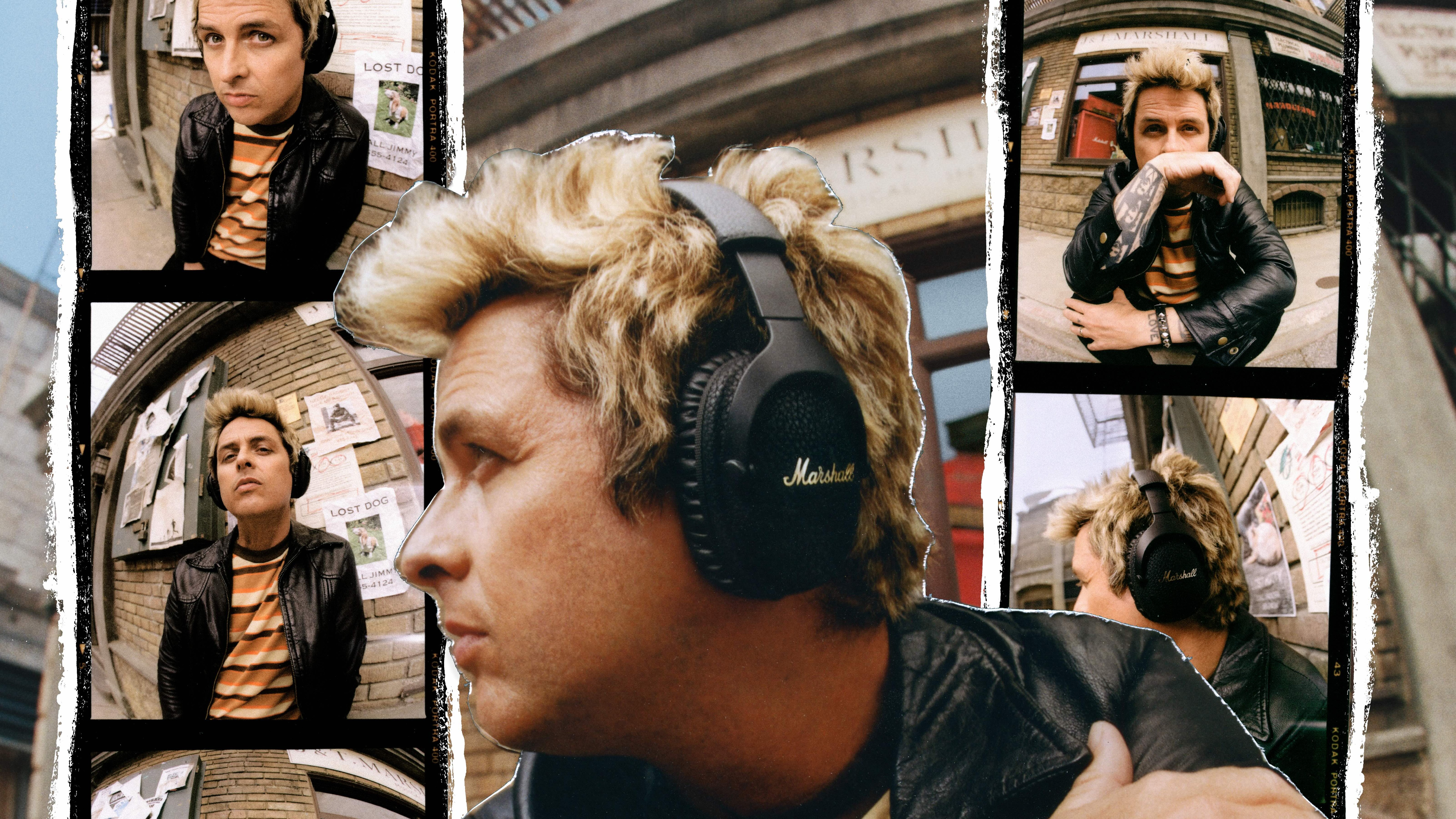 The Marshall Monitor III Headphones from the side, being worn by a rockstar with a leather jacket