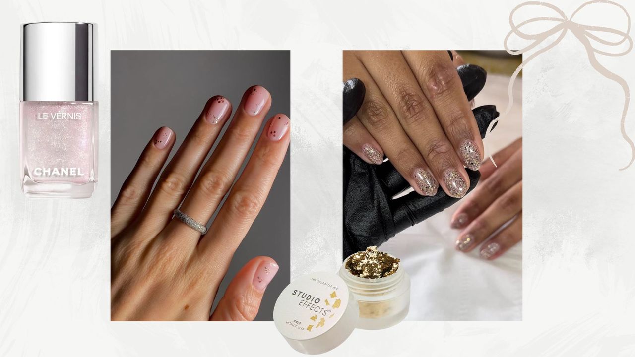 a white backdrop with an image of a hand with some glitter flecks on it plus a chanel beach comber nail polish, a pot of studio effects glitter and a hand with gold leaf nails