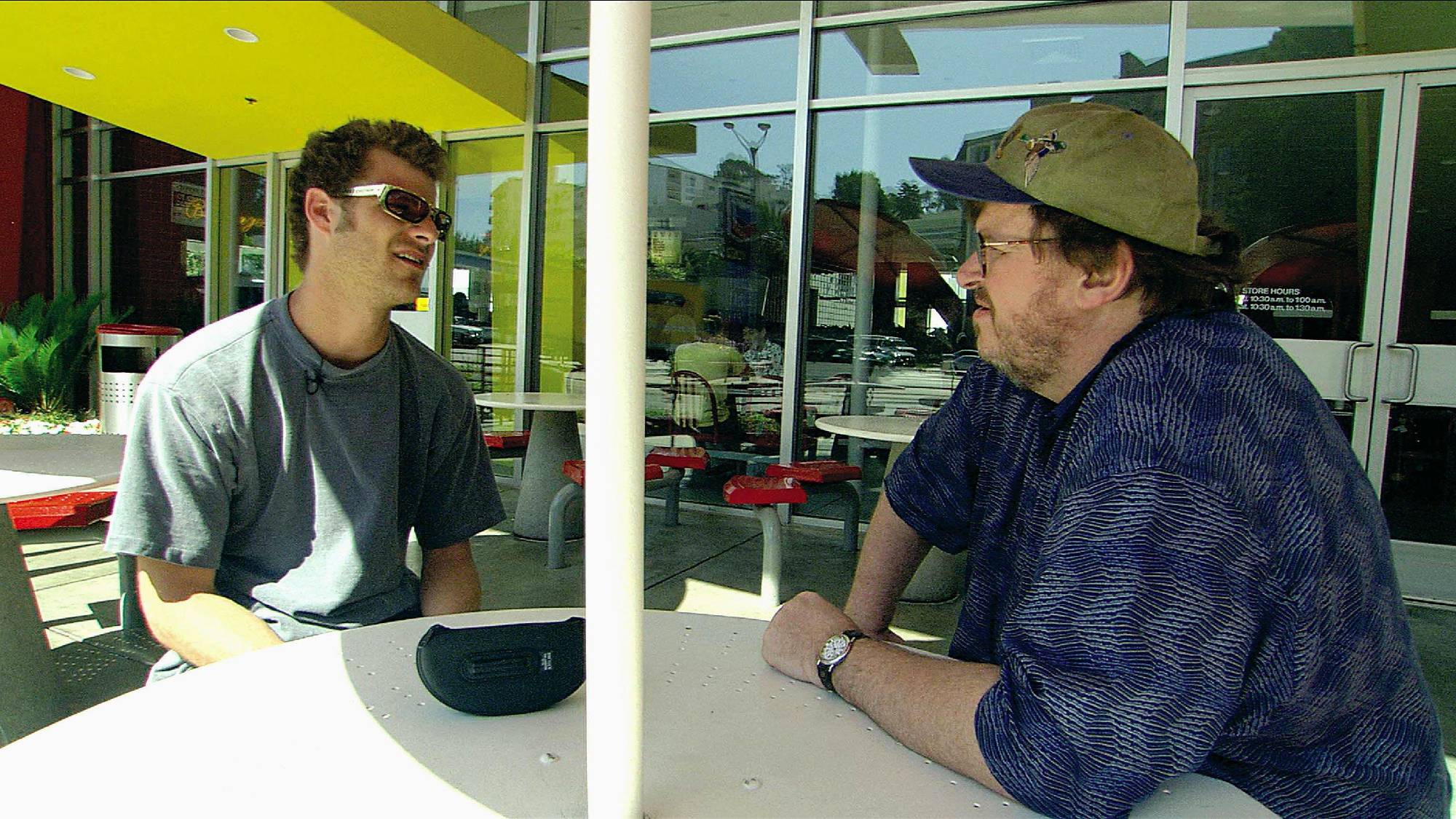 Matt Stone being interviewed by Michael Moore in Bowling for Columbine