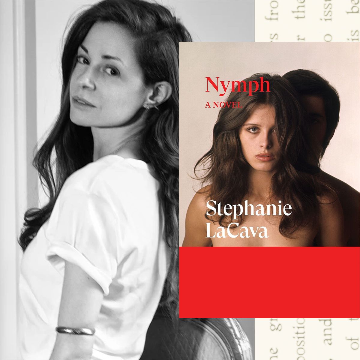a headshot of author stephanie lacava next to the cover of her new book nymph