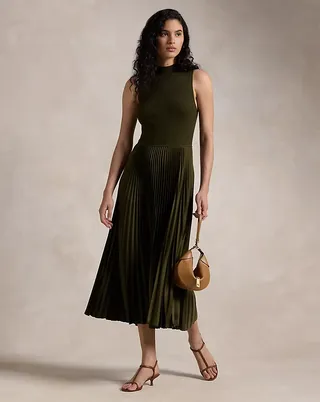 Pleated Sleeveless Mockneck Dress