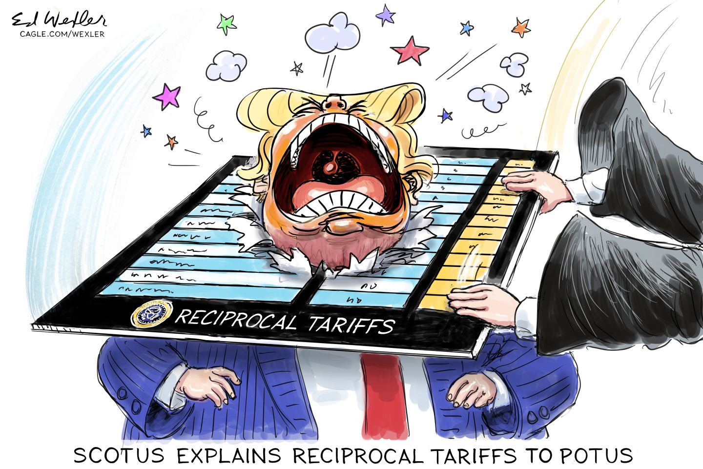 
                                An unseen figure in a robe slams a board filled with tariffs over Dond Trump’s head in this cartoon. Trump looks furious and the title of the cartoon is “SCOTUS explains reciprocal tariffs to POTUS.”
                            