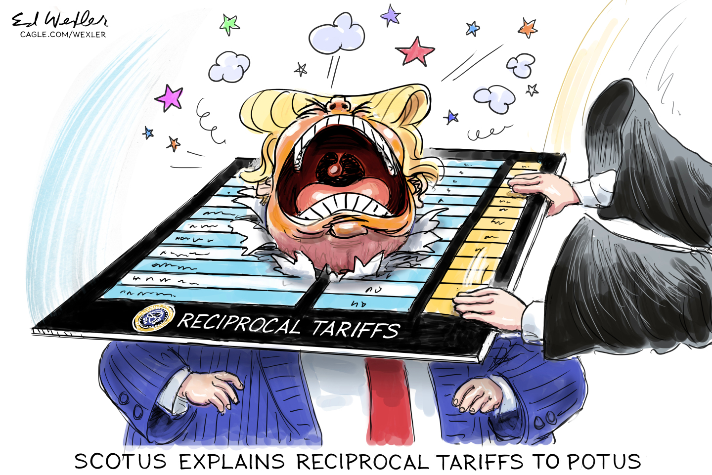 An unseen figure in a robe slams a board filled with tariffs over Dond Trump&amp;rsquo;s head in this cartoon. Trump looks furious and the title of the cartoon is &amp;ldquo;SCOTUS explains reciprocal tariffs to POTUS.&amp;rdquo;