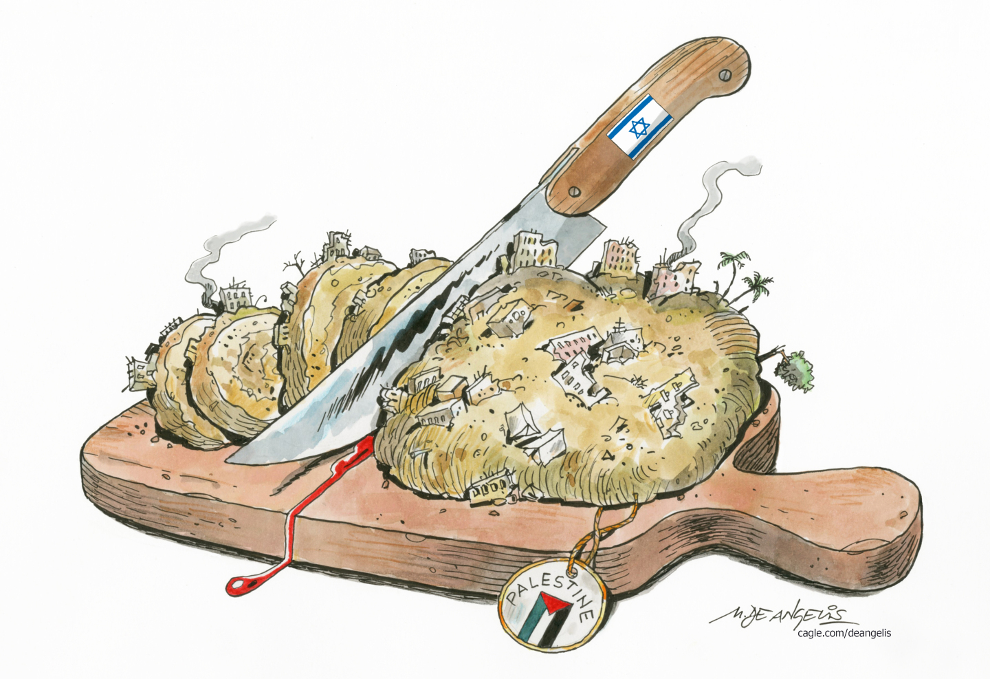 This cartoon depicts Palestine as a loaf of smoking, destroyed bread. A bloody knife with an Israeli flag has sliced through half the bread.