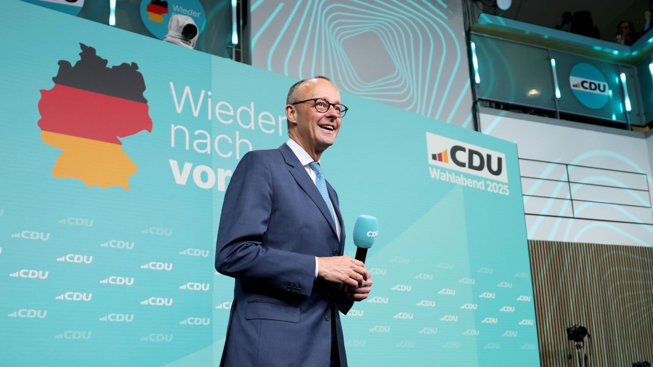 CDU&#039;s chancellor candidate, Friedrich Merz, speaks following snap elections in Germany on Feb. 23, 2025