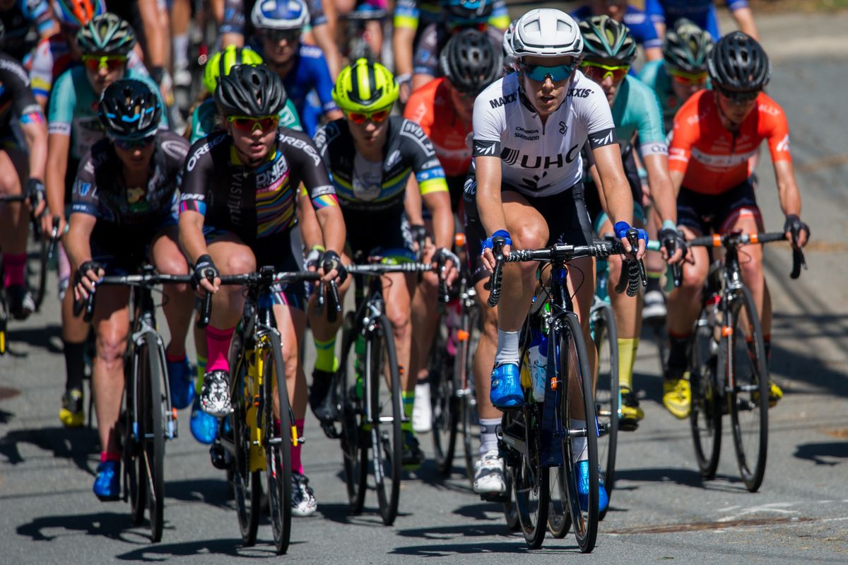 Rushlee Buchanan (UnitedHealthcare) leads at the base of the climb