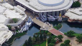 A look at the empty entrance to Tomorrowland.