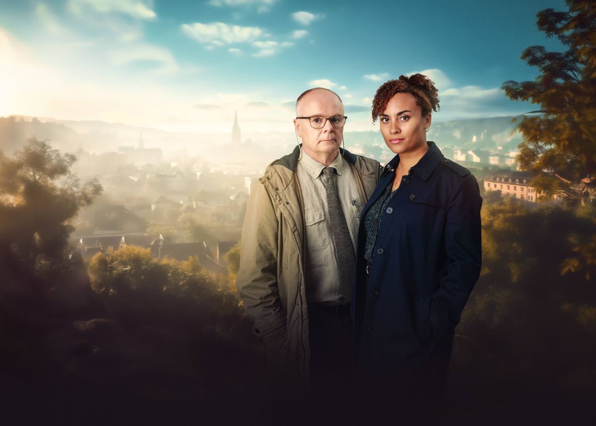 McDonald &amp; Dodds season 4 stars Jason Watkins and Tala Gouveia with Bath backdrop