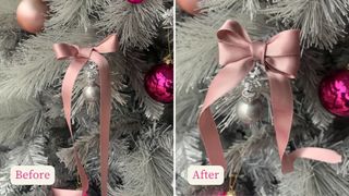 before and after of a pink ribbon bow on a silver Christmas tree to show how to tie a perfect bow with ribbon