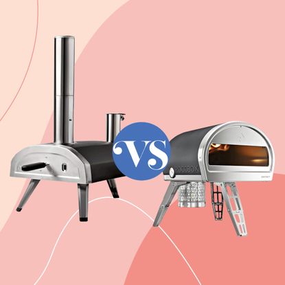 gozney vs ooni pizza oven graphic on a pink background