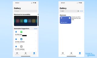 Two screenshots showing where to download the QR My Wi-Fi iOS Shortcut