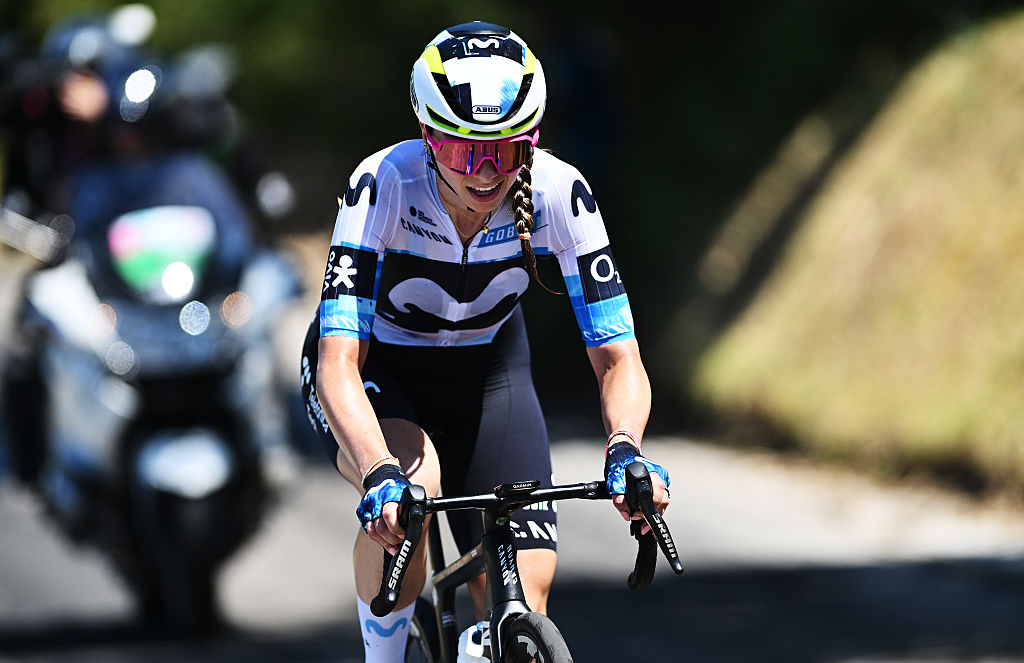 TERRE ROVERESCHE, ITALY - JULY 11: Liane Lippert of Germany and Team Movistar competes in the breakaway during the 36th Giro d&#039;Italia Women 2025, Stage 6 a 145km stage from Bellaria-Igea Marina to Terre Roveresche (Orciano di Pesaro) / #UCIWWT / on July 11, 2025 in Terre Roveresche, Italy. (Photo by Luc Claessen/Getty Images)