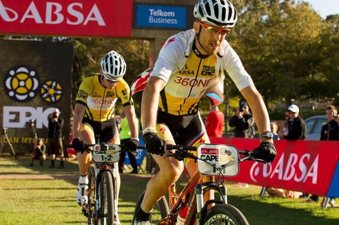 Christoph Sauser and Jaroslav Kulhavy of team Burry Stander-Songo approach the finla start line cool and calm