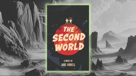 A black and white image of a series of peaks is behind the cover of a book saying "The Second World"