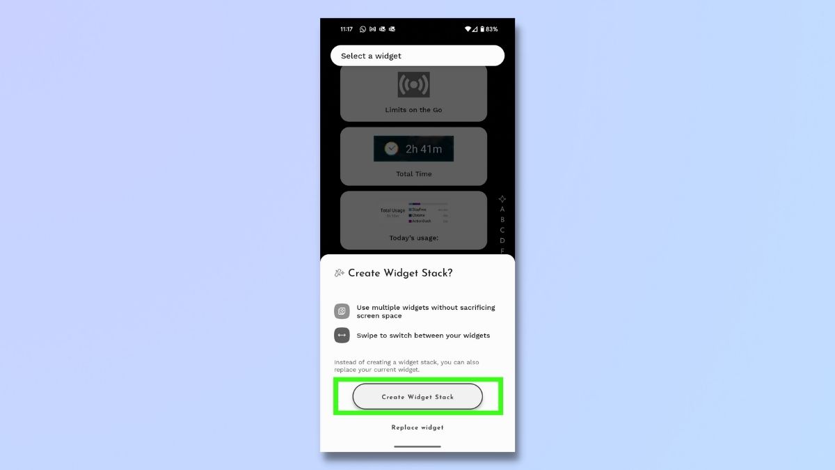 Niagara kullanarak Android'de widget'ların nasıl istifleneceğini gösteren ekran görüntüsü - İkinci widget'ı seçin ve Yığın'ı seçin