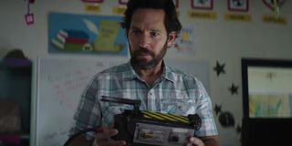 Ghostbusters Afterlife Paul Rudd holds a ghost trap