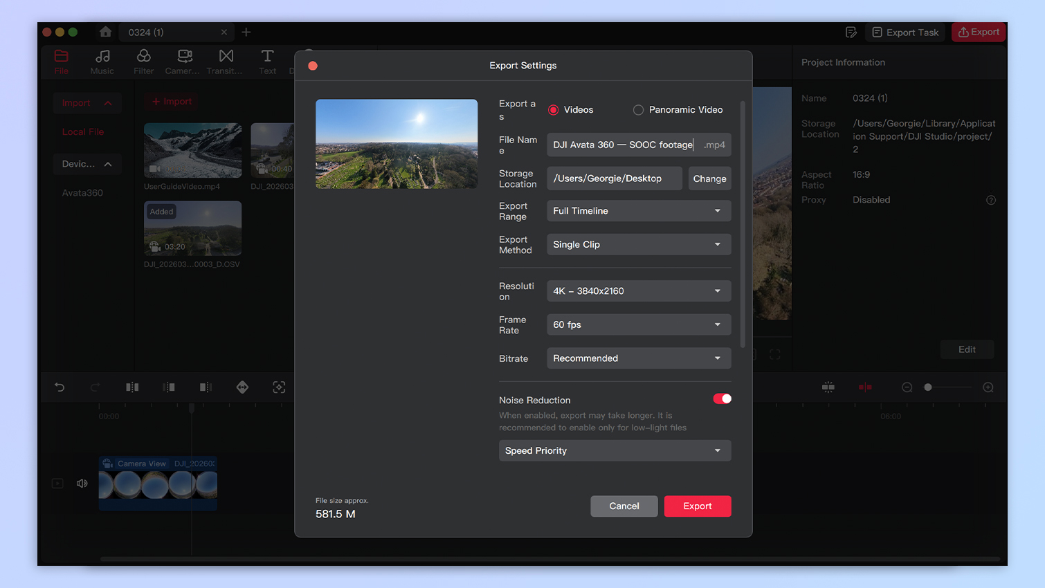 DJI Avata 360 editing software screenshots