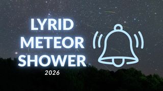 text lyrid meteor shower 2026 glows blue and a notification bell on the right, in the background is a meteor shower with trees silhouetted below.