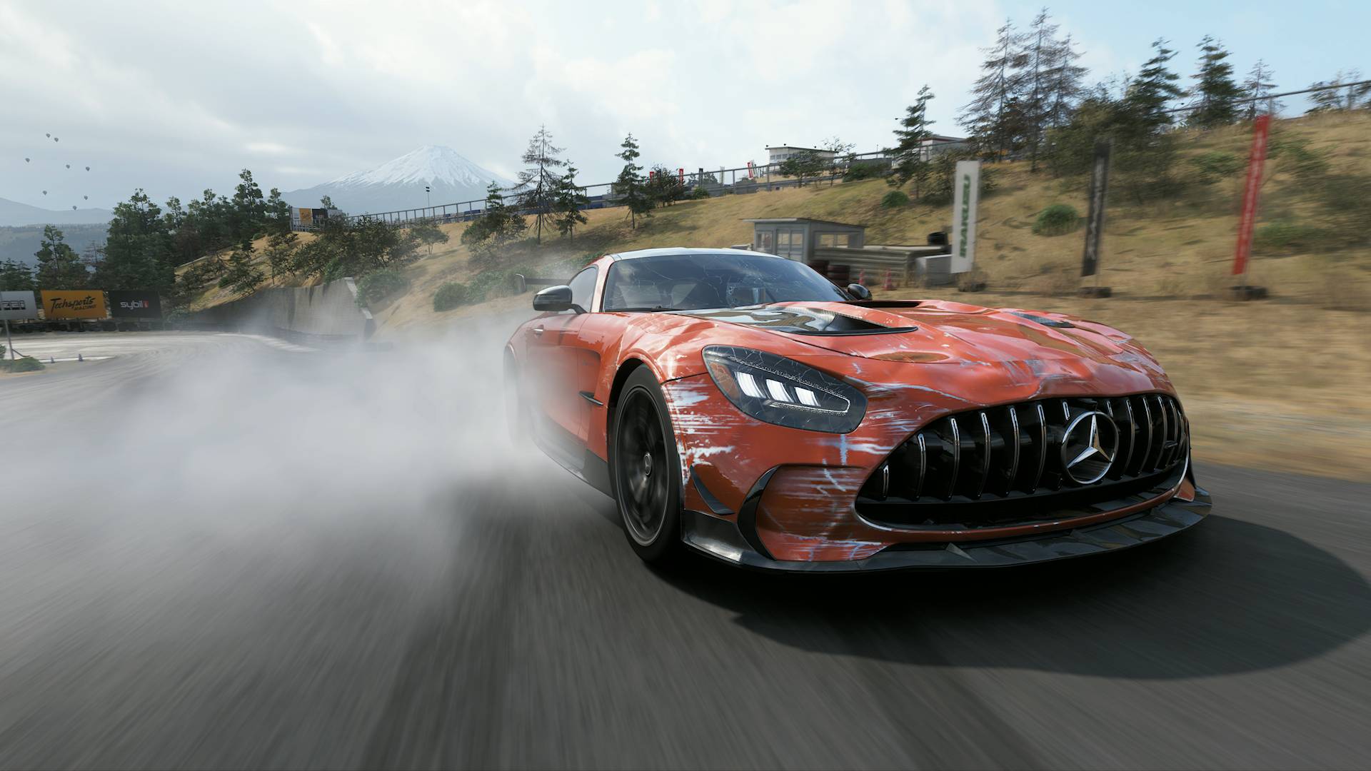 Forza Horizon 6 dented and scratched front end of mercedes racing car with mount fuji in the background