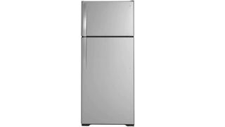 A stainless steel two door refrigerator on a white background