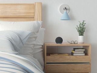 A bedroom with a black echo smart speaker on a wooden nightstand next to a potted houseplant