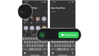 Steps to Make new FaceTime call: Type in a contact or select a suggested one, then tap FaceTime Audio or Video button