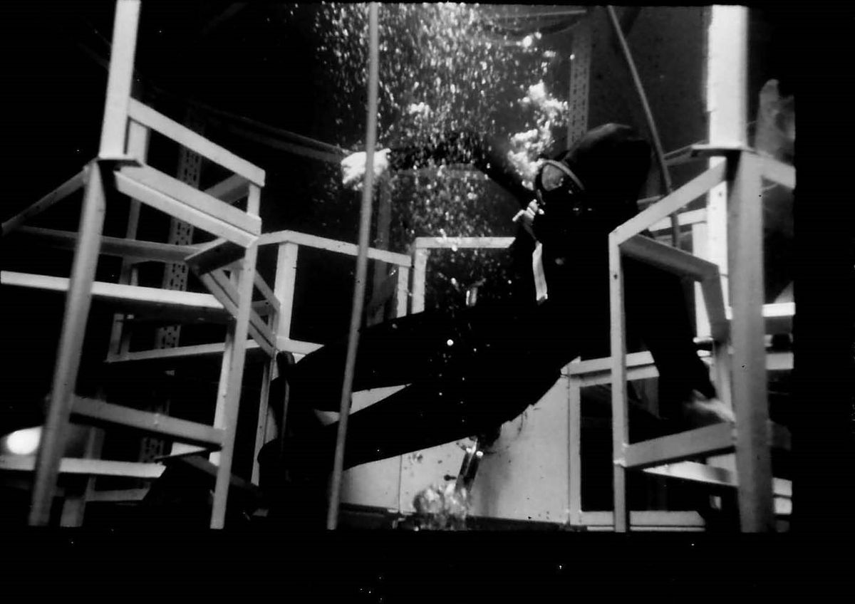 MOL astronaut underwater training. General Electric, one of MOL&rsquo;s prime contractors, constructed underwater replicas of the Manned Orbiting Laboratory to enable astronauts and technicians to assess the spacecraft&rsquo;s design in simulated zero-gravity conditions.