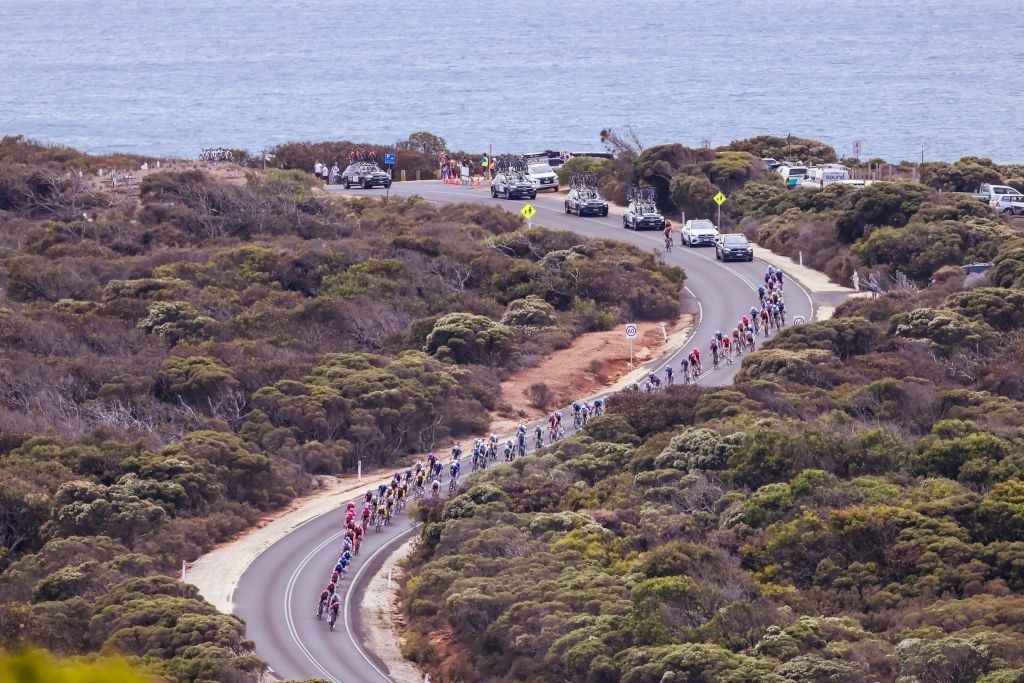 The peloton passes Bells Beach near Torquay during the 2025 Cadel Evans Great Ocean Men's Elite Road Race in Geelong on February 2, 2025. (Photo by CHRIS PUTNAM / AFP) / -- IMAGE RESTRICTED TO EDITORIAL USE - STRICTLY NO COMMERCIAL USE --