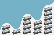 Bundles of US 1 dollar bills hovering over white surface in bar graph formation showing variable growth under blue wave pattern