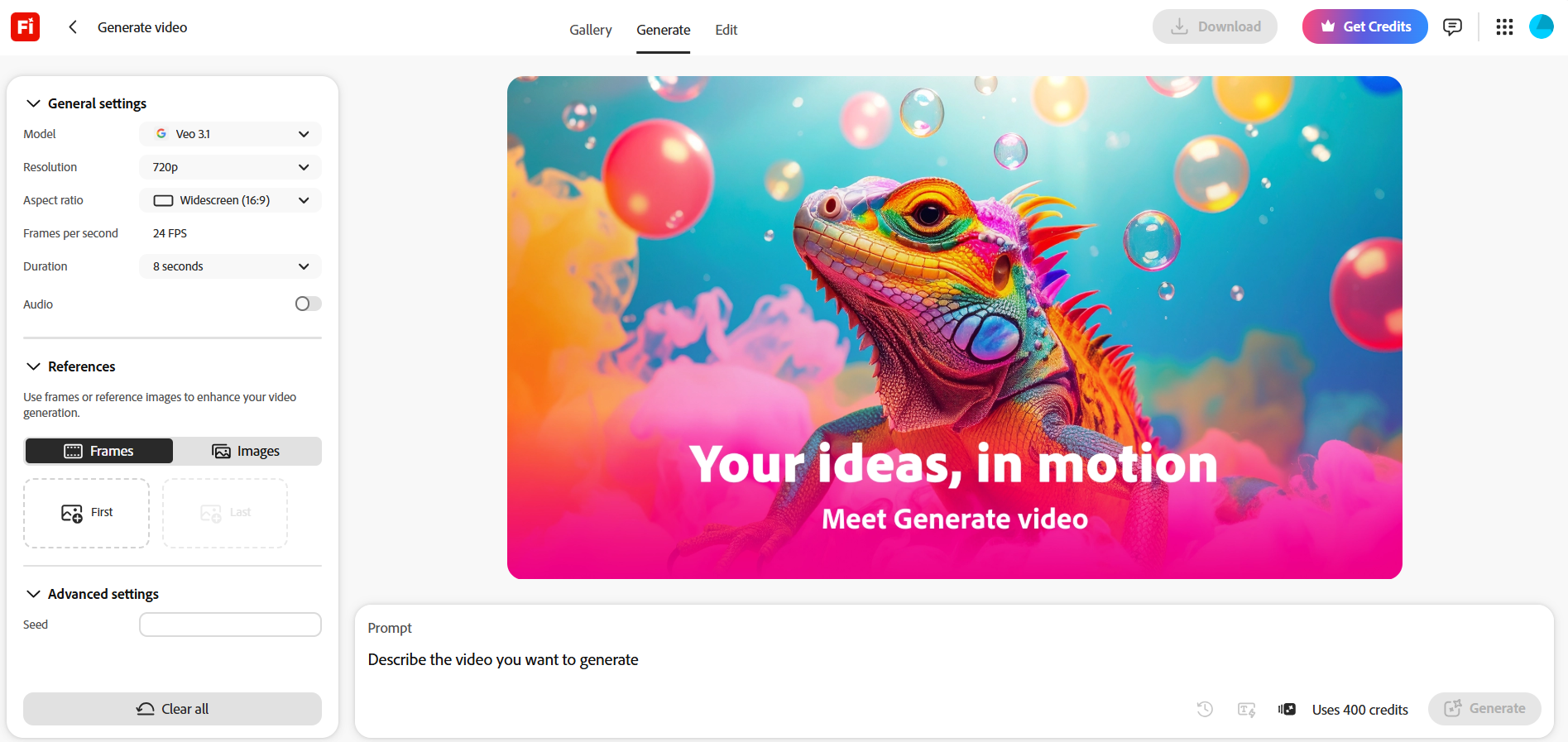 Adobe Firefly tool being used to generate video content