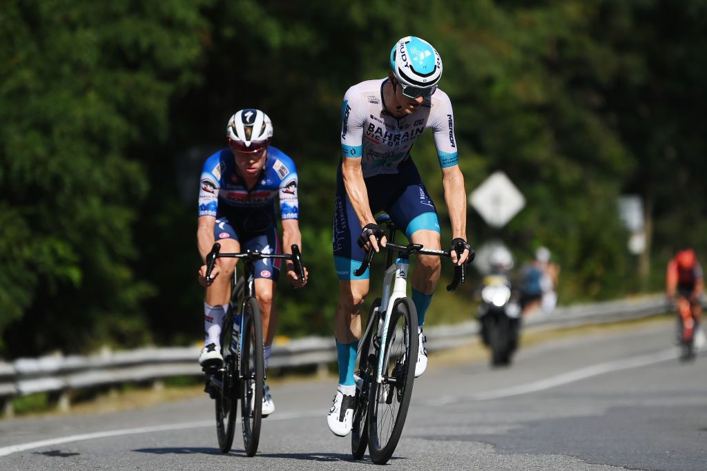 MONTREAL QUEBEC SEPTEMBER 15 LR Gil Gelders of Belgium and Team Soudal QuickStep and Matej Mohoric of Slovenia and Team Bahrain Victorious compete in the breakaway during the 13th Grand Prix Cycliste de Montreal 2024 a 2091km one day race from Montreal to Montreal UCIWT on September 15 2024 in Montreal Quebec Photo by Alex BroadwayGetty Images