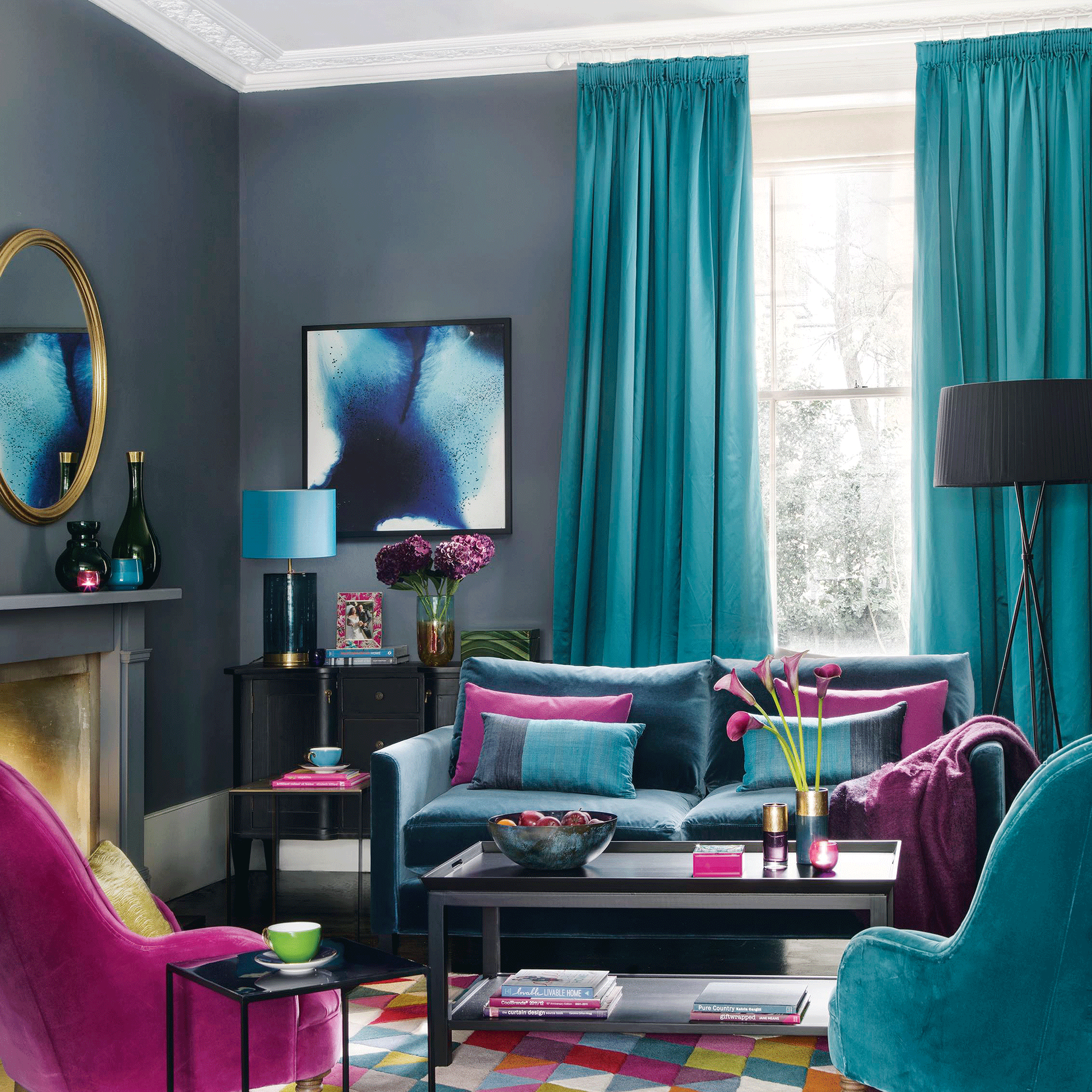 Turquoise curtains with dark living room