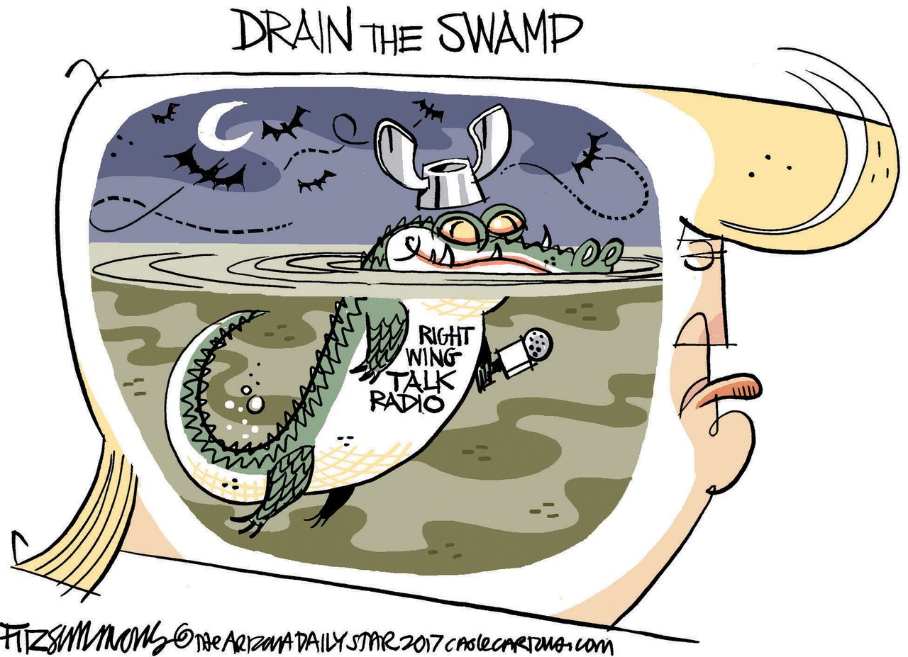 Political Cartoon U.S. Trump drain swamp right wing talk radio