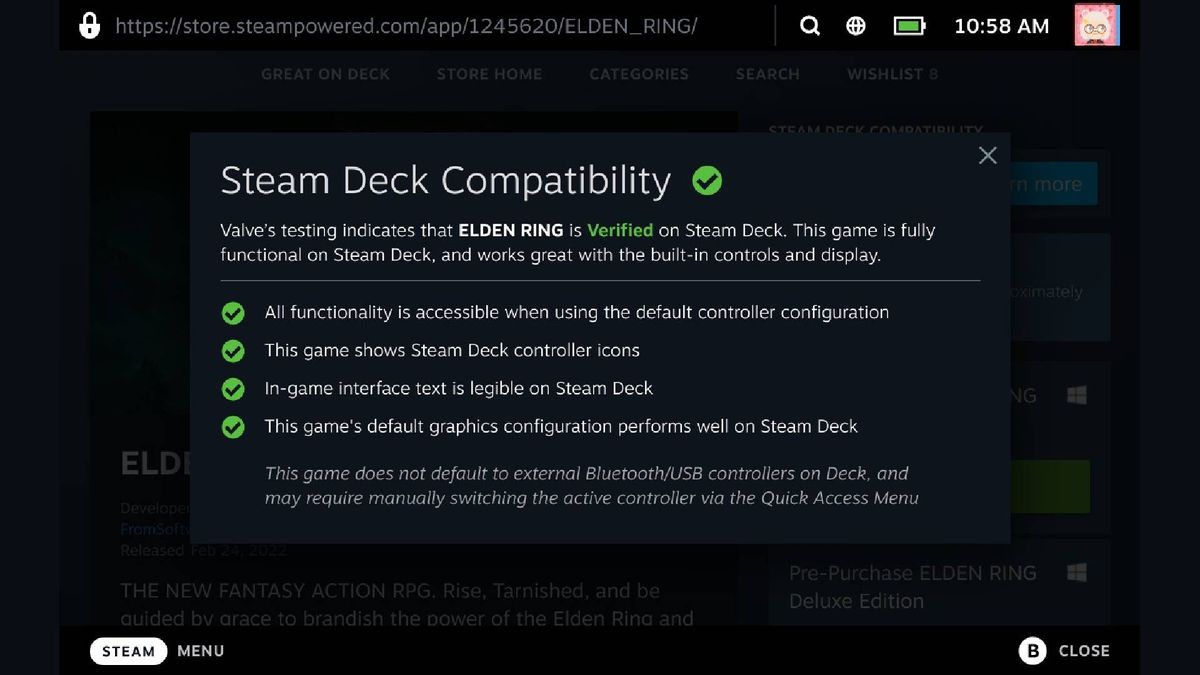 Example of Steam Deck Verified system featuring explanation of what "Verified" means in regards ton Elden Ring.