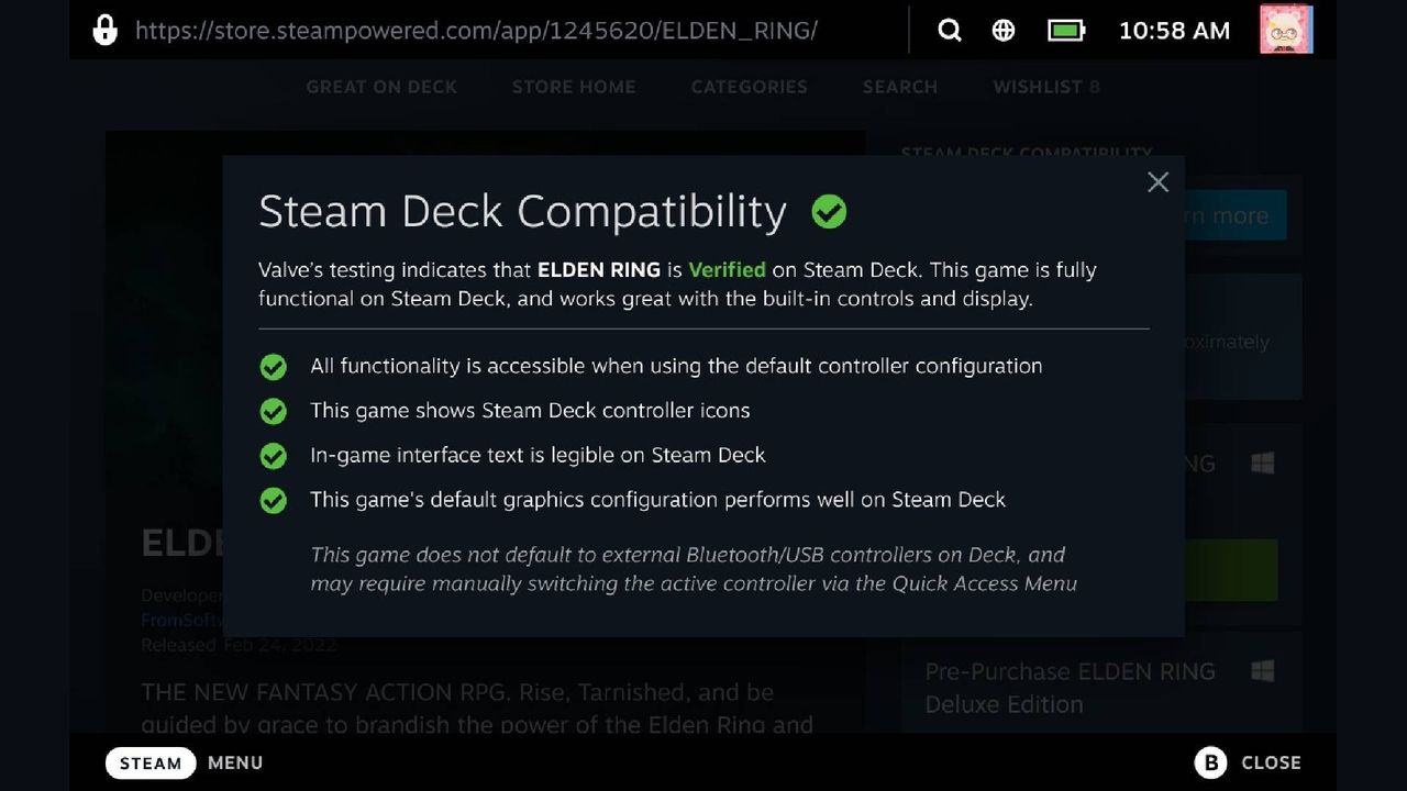 Example of Steam Deck Verified system featuring explanation of what "Verified" means in regards ton Elden Ring.