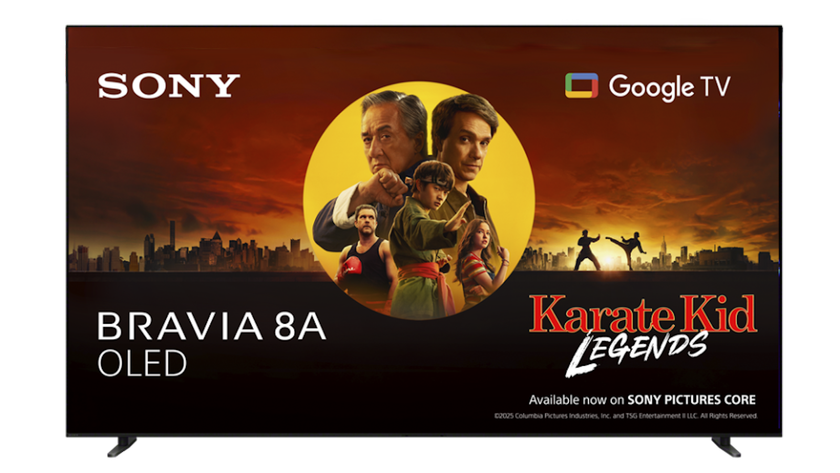 The Sony Bravia 8A OLED TV pictured against a white background. On the screen is a promotional image from the movie Karate Kid Legends.