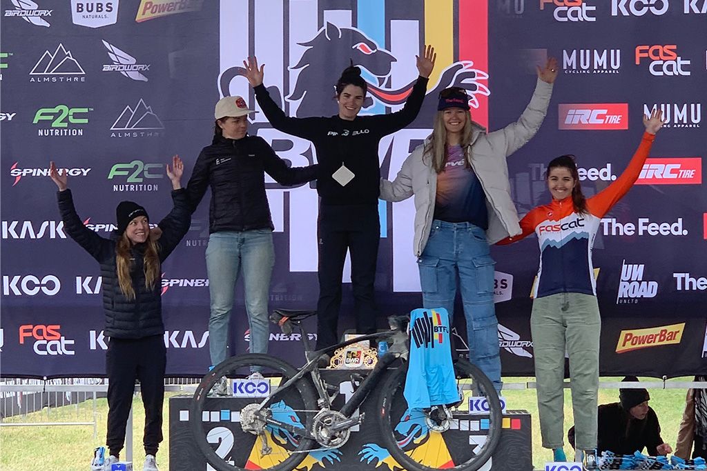 Belgian Waffle Ride Kansas women's podium, with Cecily Decker, Whitney Allison and Hannah Shell taking the top three spots