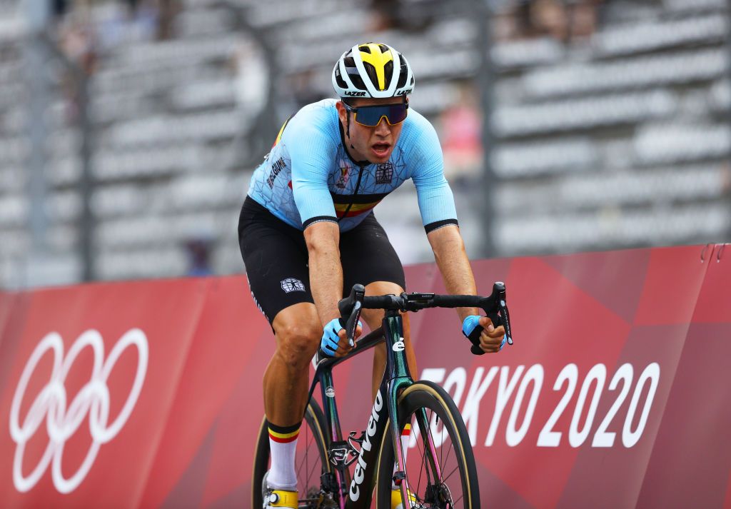 OYAMA JAPAN JULY 24 Wout van Aert of Team Belgium celebrates winning the silver medal on arrival during the Mens road race at the Fuji International Speedway on day one of the Tokyo 2020 Olympic Games on July 24 2021 in Oyama Shizuoka Japan Photo by Tim de WaeleGetty Images