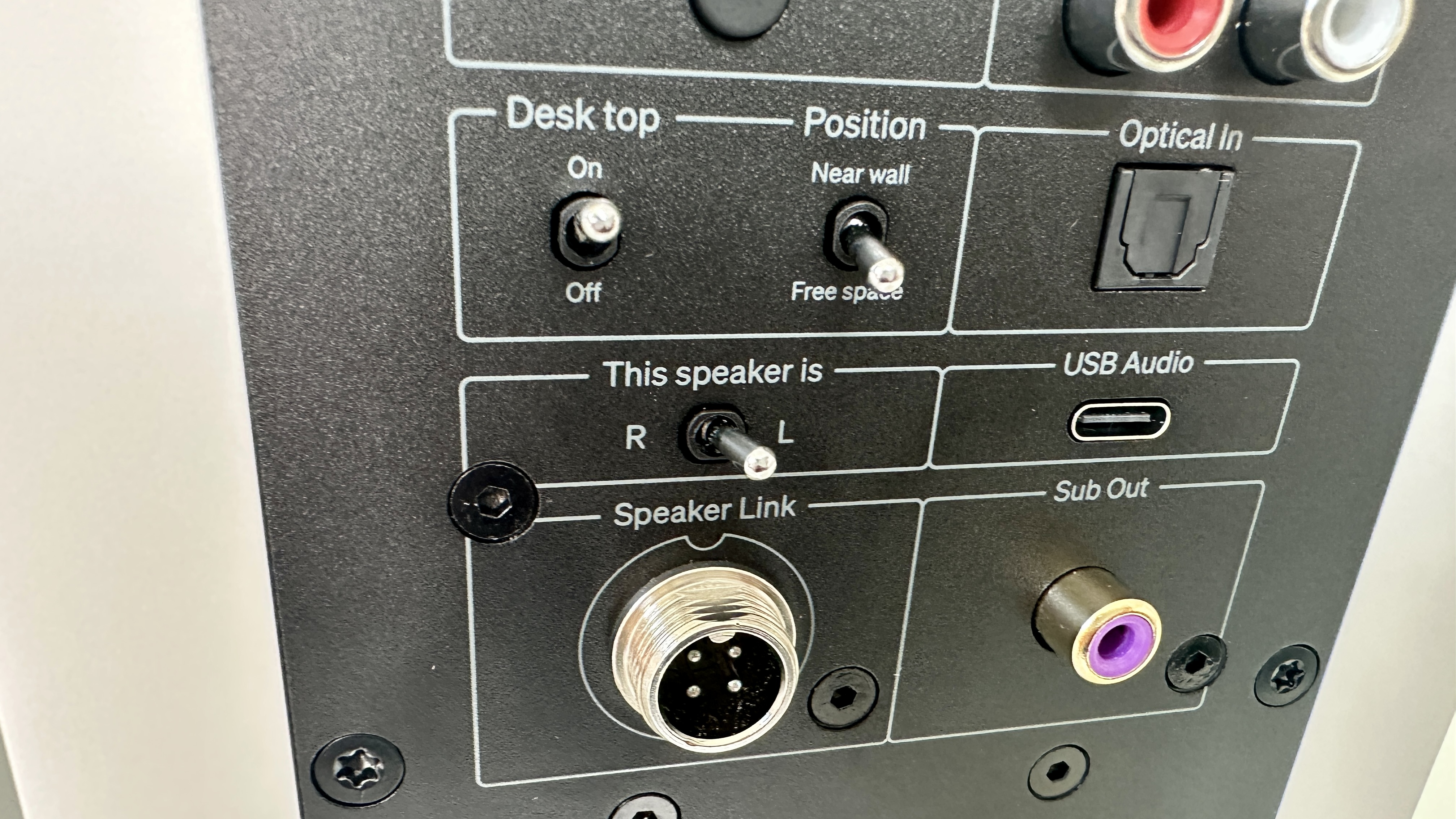 Rear panel of the Cambridge L/R S active speaker system, showing speaker link, USB-C input and sub out configurations.