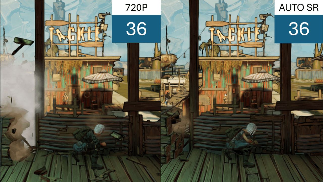 Comparison screenshots of Borderlands 3, showing the difference between native rendering and the use of Microsoft Automatic Super Resolution